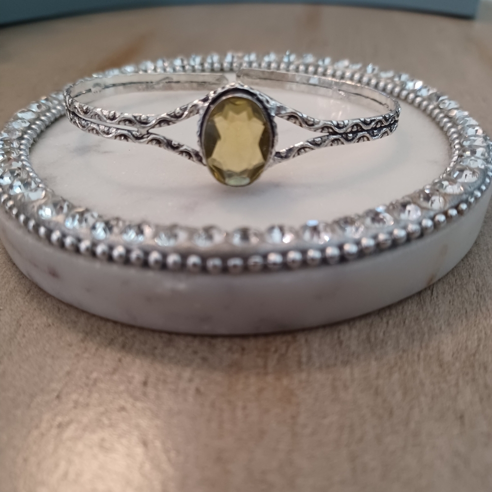 Smoky Topaz Thin Silver Etched Bangle Cuff Bracelet